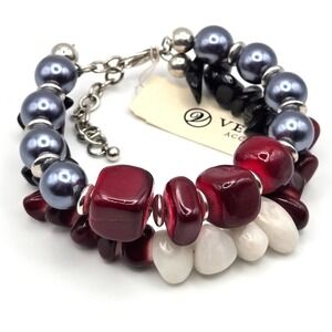 Versona Beaded Statement Bracelet 2-Strand Gemstone Faux Pearls Silvertone Beads